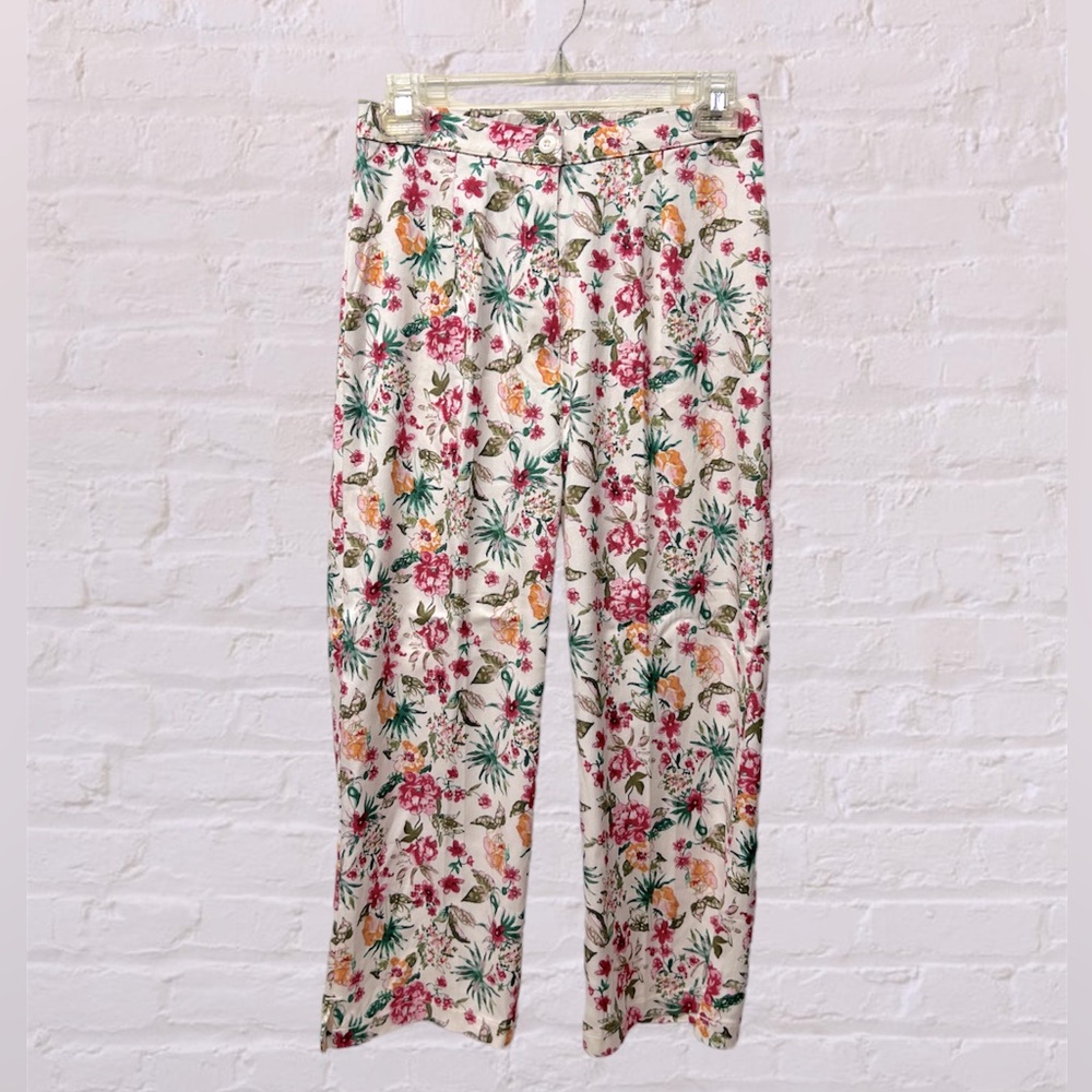 Indulgence linen blend white multicolor floral ankle pants straight leg size 8
